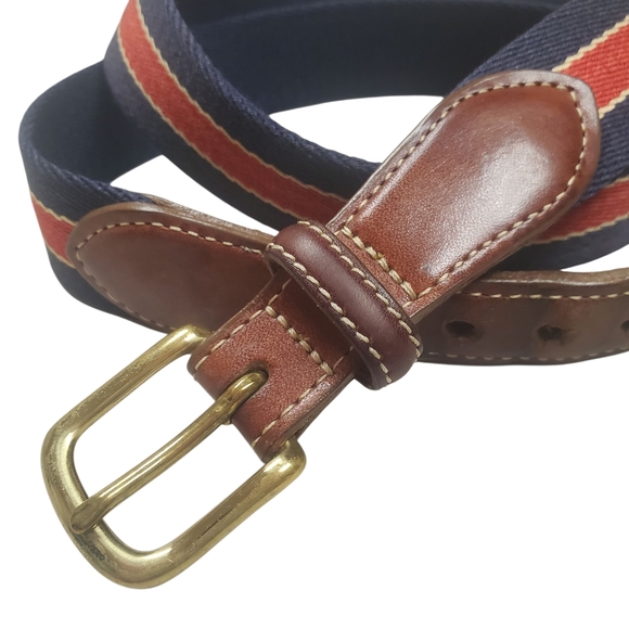 Lands' End Canvas & Leather Belt. Red and Blue. 36" - Picture 2 of 9
